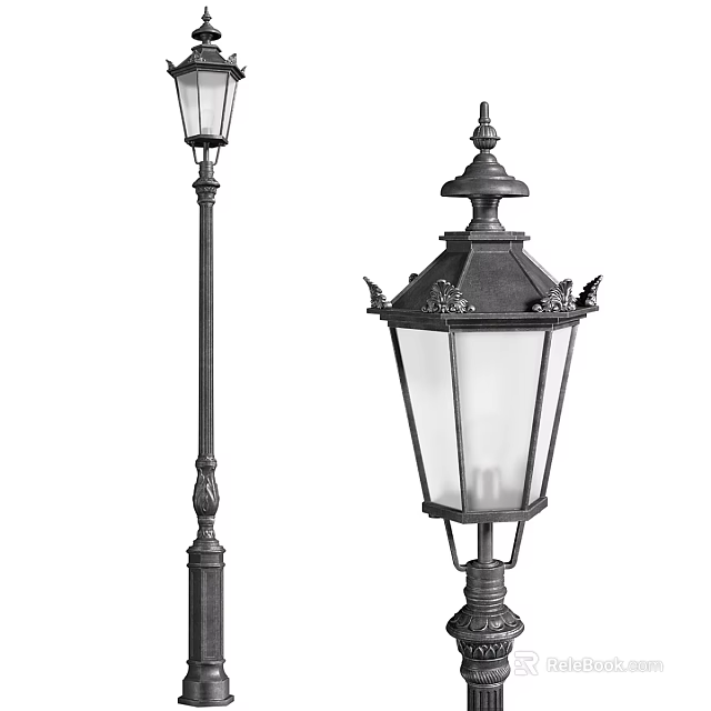 Vintage Outdoor Lights With Decorative Poles Glass Shades And Ornamental Tops 3d model 