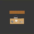 Wooden Office Desk With Laptop Papers And Multi tiered Bookshelf Full Of Colored Books