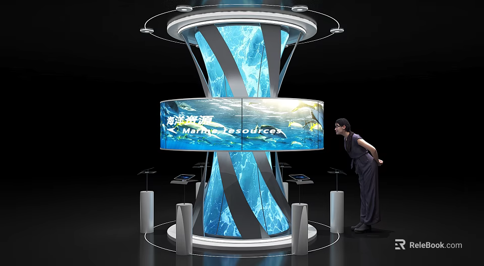 Modern Cylindrical Display Installation With Curved Screen And Blue Ocean Visuals 3d model