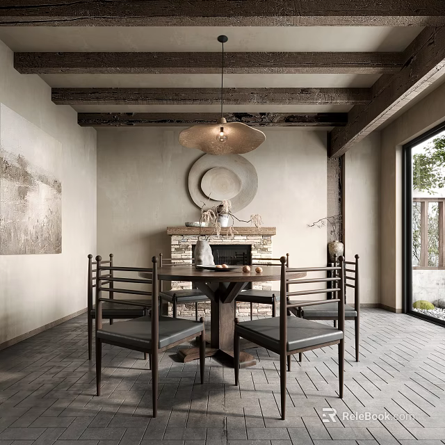 Rustic Style Tea Room Interior With Round Table And Exposed Beams 3d model