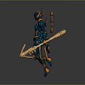 Futuristic Character with Blue Orange Armor Wielding Skeletal Creature Weapon in Dynamic Pose