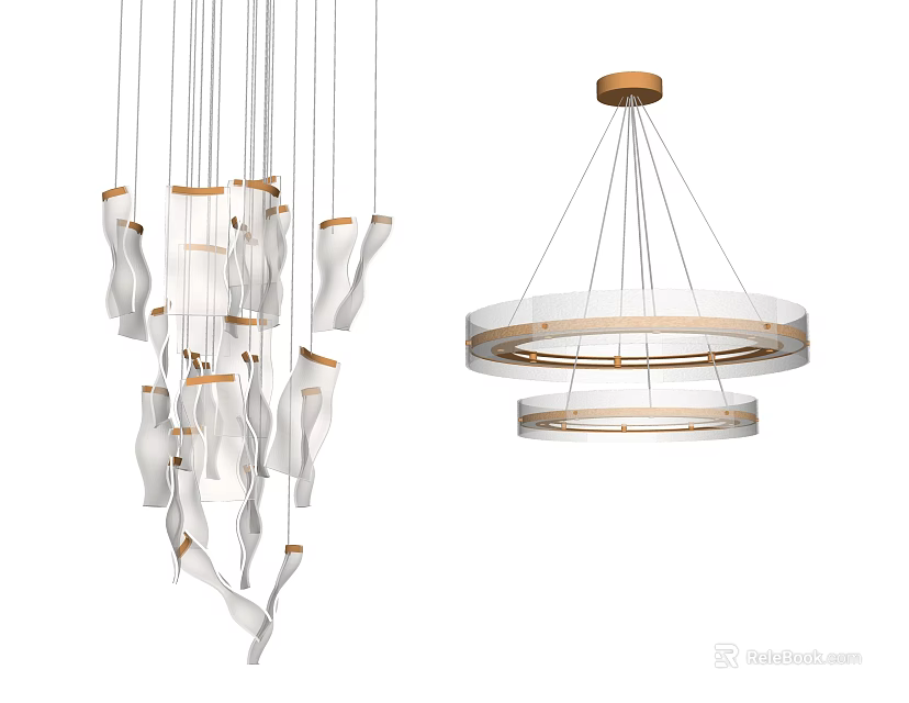 Modern Chandeliers With White Flowing Elements And Double Circular Rings Design 3d model