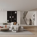 Modern Living Room Interior Design With White Sofa Coffee Table Rug And Wooden Bookshelf