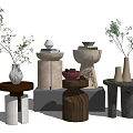 Modern Round Side Tables With Wooden Stone Bases Green Plants And Decorative Vases
