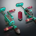 Vintage Green Hardware Tools With Red Accessories On Dark Background 3d model