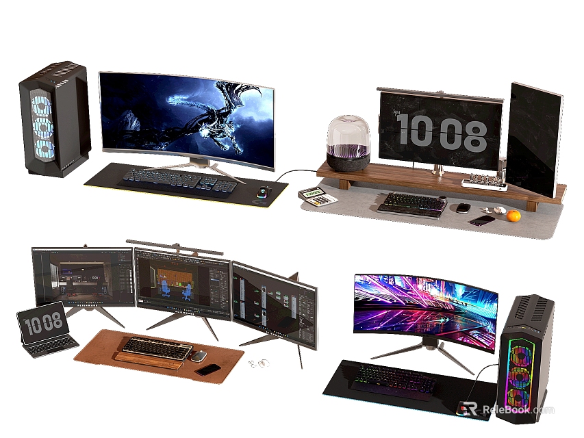 Modern Gaming PC Setup With Multi Monitor Display Keyboard Mouse Pad And PC Case 3d model 