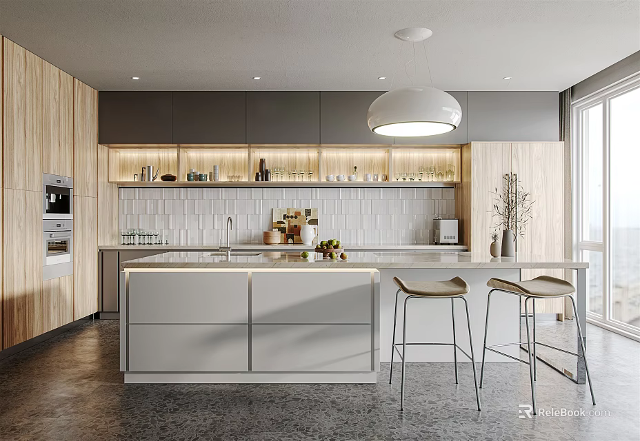 Modern Kitchen Interior Design With Wooden Grey Cabinets Island Pendant Light Stools And Tiled Backsplash 3d model 