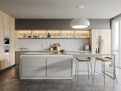 Modern Kitchen Interior Design With Wooden Grey Cabinets Island Pendant Light Stools And Tiled Backsplash 3d model