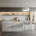 Modern Kitchen Interior Design With Wooden Grey Cabinets Island Pendant Light Stools And Tiled Backsplash