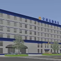 Transportation Law Enforcement Office Building With Blue And White Exterior Trees Vehicles And Pedestrians
