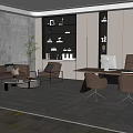 Modern Office Interior With Wooden Desk Computer Shelves And Armchairs