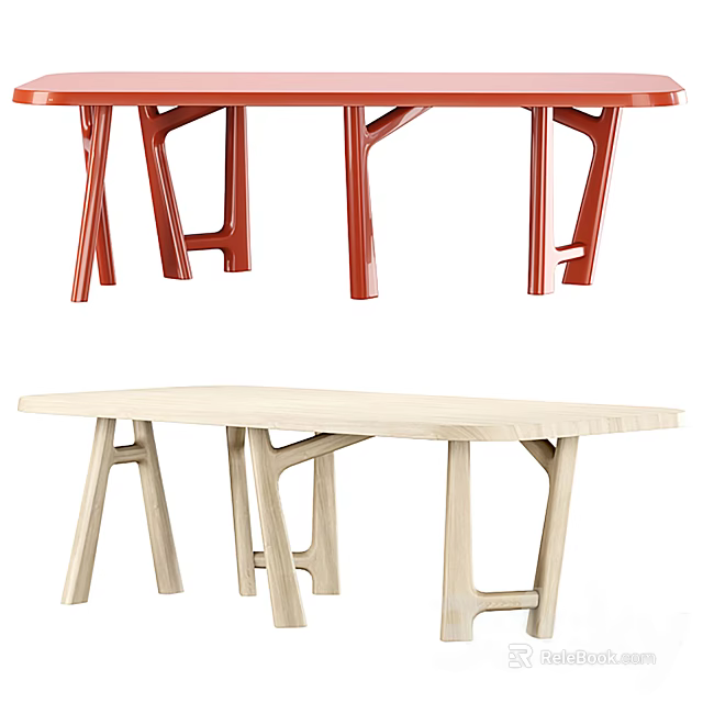 Modern Wooden Tables With Red And Beige Finish And Unique Geometric Legs 3d model 