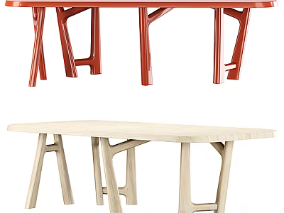 Modern Wooden Tables With Red And Beige Finish And Unique Geometric Legs 3d model