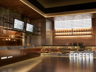 Modern Stylish Bar Counter Interior With Coffee Station Vodka Bottles And Display Shelves 3d model