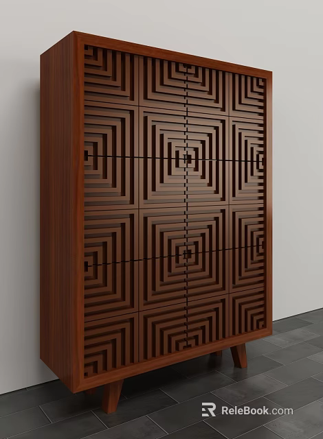 Modern Wooden Storage Cabinet With Geometric Panel Design And Multiple Doors 3d model 