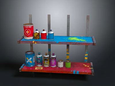 Colorful Two Tier Shelf With Paint Cans Bottles And Graffiti Design 3d model
