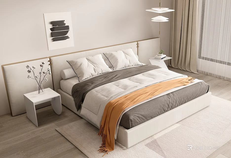 Modern Double Bed With Upholstered Headboard Gray Orange Bedding Side Nightstand Wall Painting Pendant Lamp 3d model 