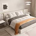 Modern Double Bed With Upholstered Headboard Gray Orange Bedding Side Nightstand Wall Painting Pendant Lamp
