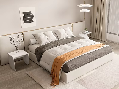 Modern Double Bed With Upholstered Headboard Gray Orange Bedding Side Nightstand Wall Painting Pendant Lamp 3d model