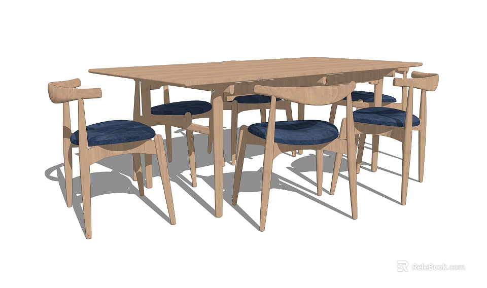 Modern Wooden Dining Table Set With Chairs And Blue Cushions 3d model