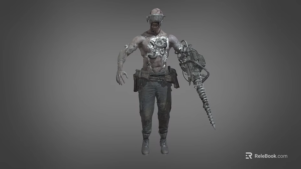 Game Movie Character With Mechanical Arm Exposed Torso Wearing Utility Pants Post Apocalyptic Style 3d model 