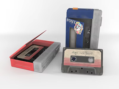 Vintage Portable Audio Devices With Cassette Tapes And PONY Labeled Case 3d model
