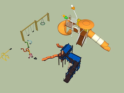 Colorful Kids Playground Area With Orange Slide Swings Blue Climbing Frame And Platform 3d model