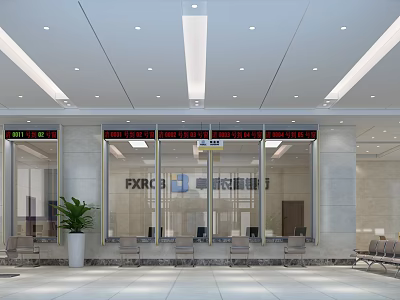 Modern Rural Commercial Bank Interior Lobby With Service Counter Seating Area And Plants 3d model