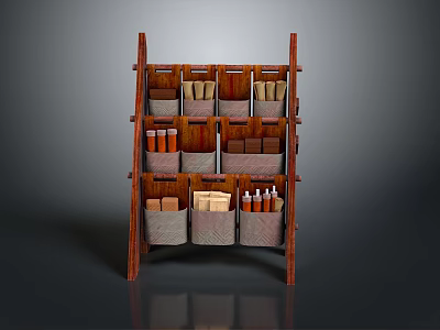 Rustic Wooden Storage Shelf With Baskets In Garden Landscape View 3d model