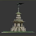 Scenic Traditional Multi Level Tower with Green Roof and Stairs on Lush Green Lawn