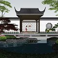 Traditional Chinese Garden Water Fountain With Koi Pond Rock Formations And Red Maple Tree
