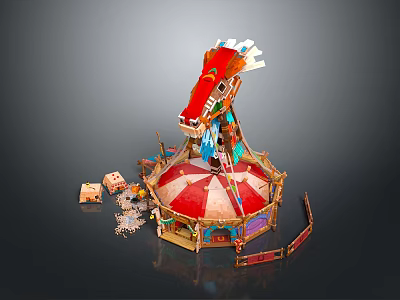 Scenic Carousel With Red Canopy And Colorful Decorative Structures 3d model