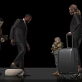Group of People Including Child Holding Teddy Bear Woman Pulling Suitcase and Man on Step