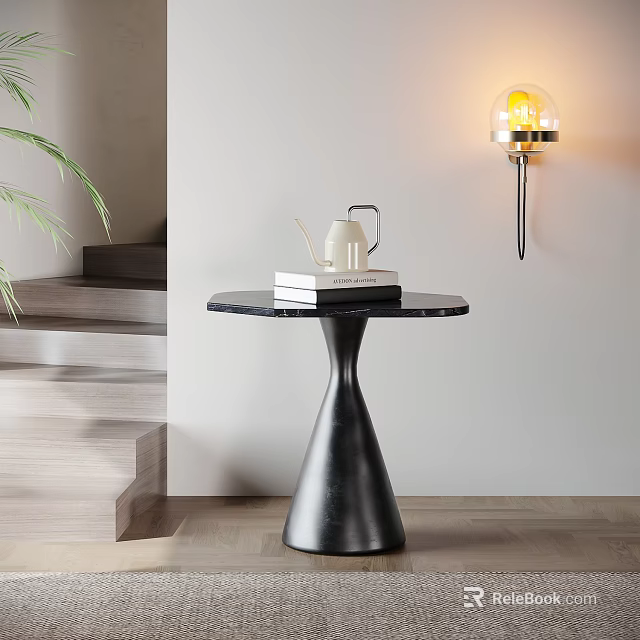 Modern Interior Black Metal Side Table With Round Top Conical Base And Wall Lamp 3d model