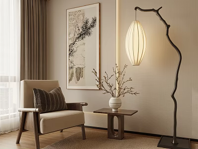 Modern Cozy Interior Beige Leisure Chair With Side Table Vase Branches Wall Art Floor Lamp 3d model