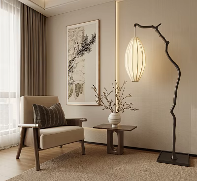 Modern Cozy Interior Beige Leisure Chair With Side Table Vase Branches Wall Art Floor Lamp 3d model