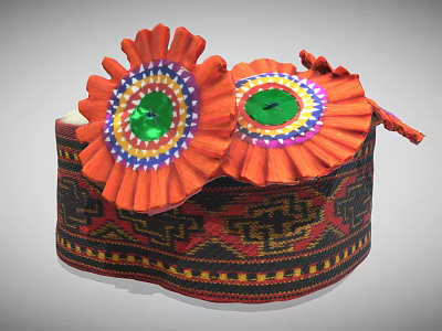 Traditional Handwoven Hat With Orange Flower Decorations Green Sequin Centers And Red Black Geometric Patterns 3d model