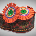 Traditional Handwoven Hat With Orange Flower Decorations Green Sequin Centers And Red Black Geometric Patterns