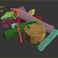 Natural Wood Stone Material Display With Logs Axe And Tree Stump 3d model