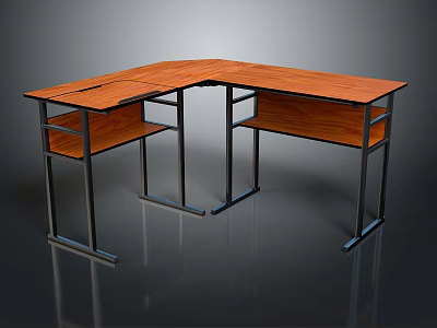 L Shaped Wooden Desk With Spacious Surface And Metal Frame Shelves 3d model