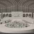 Modern Banquet Hall With Curved Lighting Decorative Stage And Floral Arrangements