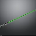 Green Glowing Lightsaber With Metallic Hilt On Black Reflective Surface