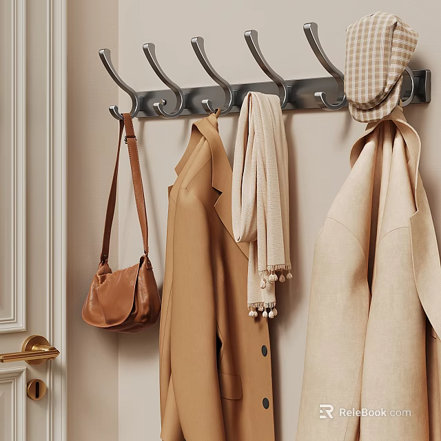 Wall Mounted Metal Hook in Entryway with Hanging Brown Bag Jacket Scarf and Hat 3d model 