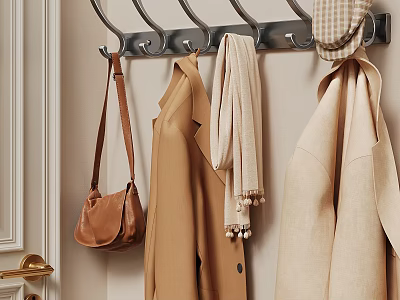 Wall Mounted Metal Hook in Entryway with Hanging Brown Bag Jacket Scarf and Hat 3d model