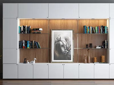 Modern TV Background Cabinet With Wooden Shelves Books White Cabinets And Horse Painting 3d model