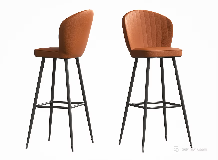 Modern Orange Leather Bar Stools With Vertical Striped Back And Black Metal Legs 3d model 