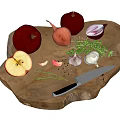 Wooden Cutting Board And Kitchen Knife With Apples Onions Garlic And Herbs