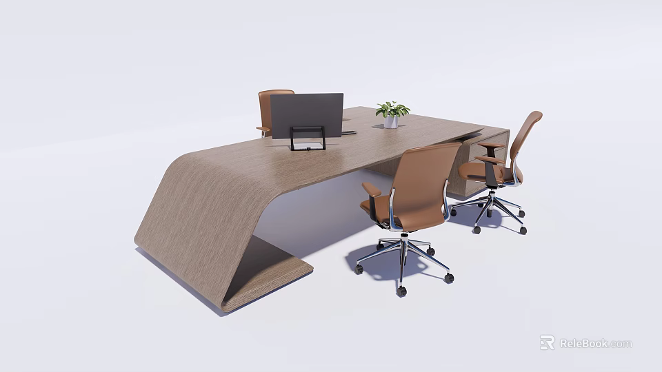 Modern Wooden Office Desk With Computer Monitor Potted Plant And Brown Chairs 3d model 