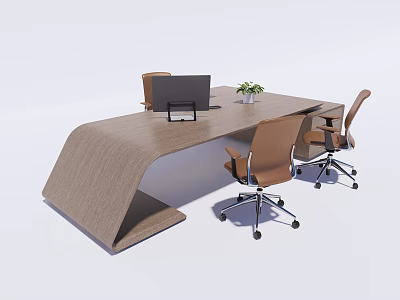 Modern Wooden Office Desk With Computer Monitor Potted Plant And Brown Chairs 3d model