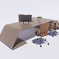 Modern Wooden Office Desk With Computer Monitor Potted Plant And Brown Chairs